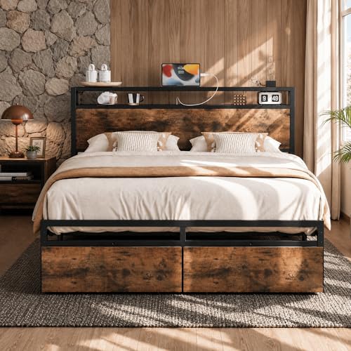 LIKIMIO Queen Bed Frame with Storage Headboard, Platform Bed with Drawers and Charging Station, No Box Spring Needed, Easy Assembly, Vintage Brown