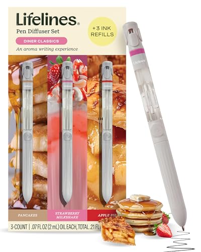 Lifelines Pen Diffuser Set Diner Classics 3-Pack - 1mm Black Ballpoint Pens with Scented Essential Oil Blends Aromatherapy Diffuser & Sensory Immersion Diffuse Aroma As You Write