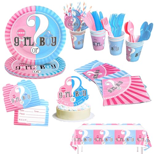 Vajilla Completa Revelacion Genero Bebe. Vajilla decoración revelación de género. 130pcs -16 invitados fiesta revelacion de genero. Gender Reveal Party Decoration con Mantel, Topper, Invitaciones