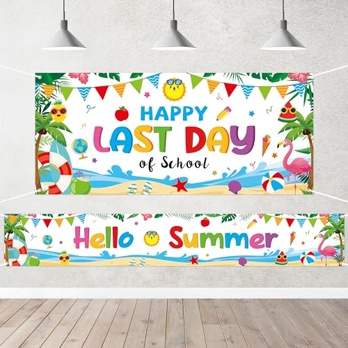 WATINC End of School Year Backdrop - 2Pcs Xtralarge Happy Last Day of School Party Decorations, Hello Summer Graduation Background Decorations for Party Photo Booth Props (79 X 45 Inch, 118 X 18 Inch)