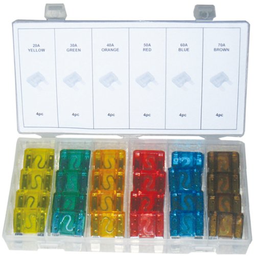 Fusibles de plástico tamaño maxi tipo FK3, 24 unidades, surtido de fusibles planos 20, 30, 40, 50, 60 y 70 amperios (en caja de almacenamiento/surtido) Cover