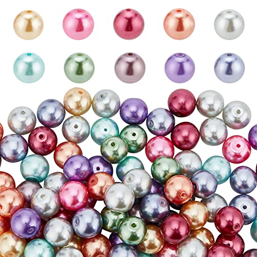 PH PandaHall 100pcs 12mm Pearlized Glass Beads, Craft Pearl Beads Mixed Color Dyed Round Satin Luster Faux Pearl Bead Imitation Pearls Bead for Jewelry Necklace Craft Making Vase Fillers