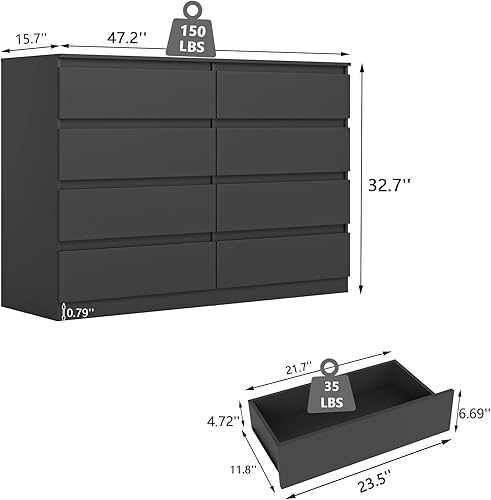 Miniatura 3 de VERYKE Cómoda negra de 8 cajones para dormitorio, cómoda con diseño sin asas para armario, cómoda de madera moderna para dormitorio