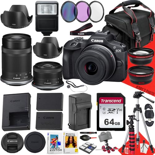 Canon EOS R100 Mirrorless Camera with RF-S 18-45mm f/4.5-6.3 IS STM and Canon RF-S 55-210mm f/5-7.1 IS STM Lens + 64 GB Memory + Extra Battery + Filters + More (31pc Bundle) (Renewed)