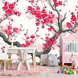 Carta da parati artistica 3D in tessuto non tessuto Fiori Fiore Di Prugno Pianta 300 x 210 cm Carta da parati decorazione murale per soggiorno e camera da letto, Rosso