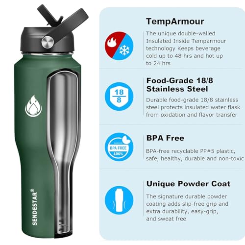 Image of SENDESTAR Water Bottle,Wide Mouth Stainless Steel Vacuum Insulated Double Wall Keep Liquids Cold or Hot All Day,Sweat Proof Sport Design,Fit Car Cup Holder,Dark Green,32 Ounces