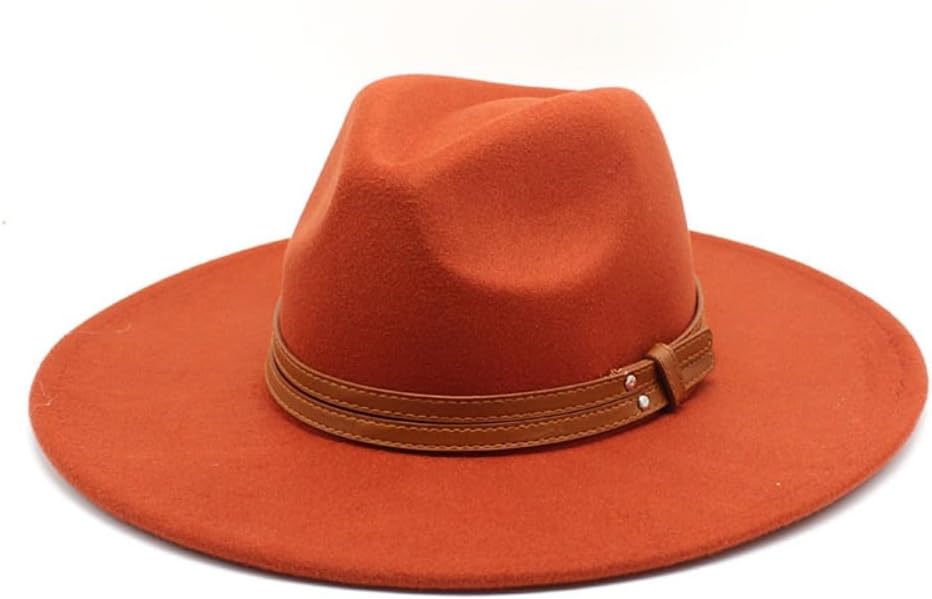 Classic Wide Brim Fedora Hat with Brown Leather Band, Black