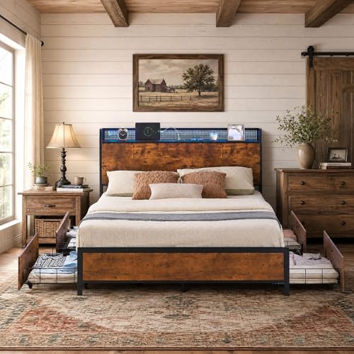 Image of Garvee Queen Bed Frame with Storage Wood Headboard, Metal Platform Bed with 4 Storage Drawers & Shelf, Built in Charging Station & LED Lights, No Box Spring Needed, Vintage Brown