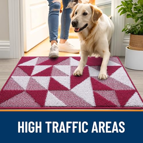 Image of OLANLY Door Mat Indoor Entrance Washable 36x24, Odor-Free Low-Profile Front Back Geometric Doormat, Absorbent Resist Dirt Entry Carpet, Easy to Clean Sturdy Inside Floor Mats for Entryway, Burgundy
