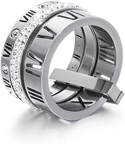 Jarlinwel Anillo giratorio 3 en 1 de acero inoxidable con circonita cúbica y números romanos para mujeres y niñas, Acero inoxidable, Zirconia cúbica