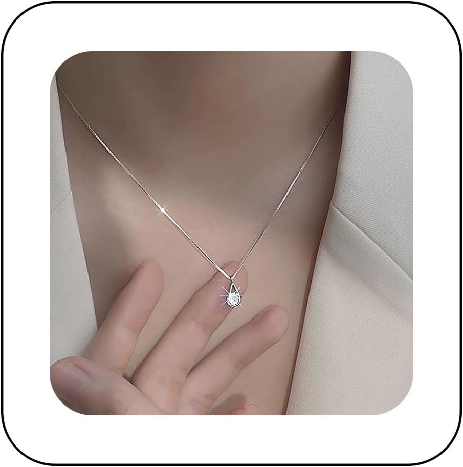 Bohemian Teardrop Crystal Choker Necklace Silver Cz Pendant Necklace Water Drop Solitaire Chain Necklace Tiny Rhinestone Collar Necklace Jewelry for Women Gifts