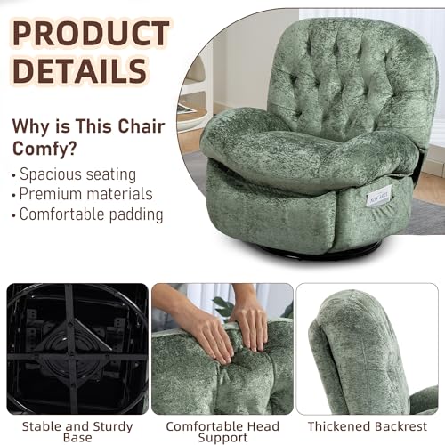 Recliner Chair for Adults, 360° Swivel Manual Recliner with Side Pocket, Nursery Rocking Chair with Comfortable Chenille Arms and Back for Living Room, Bedroom, Reading (Green) - Image 4