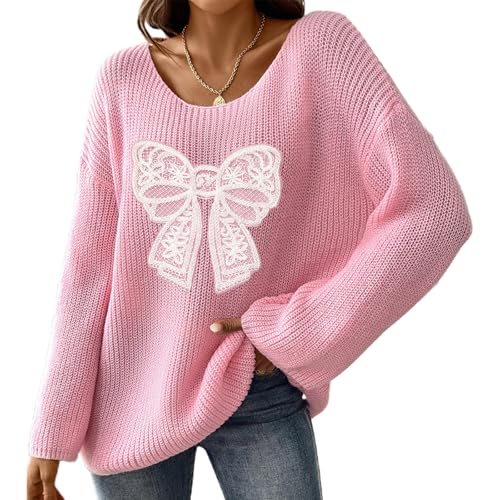 FeMereina Knit Pullover Sweaters for Women Y2k Bow Loose Fit Chunky Sweater Fuzzy Jumper Tops Coquette Clothes Fall Winter (Pink, L)