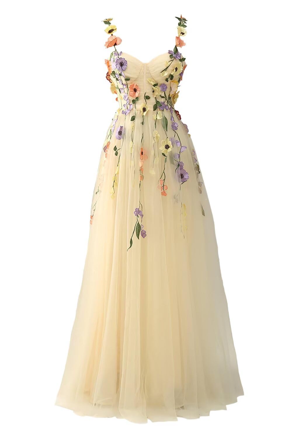 Fivsole 3D Flower Applique Prom Dresses Tulle Formal Gown