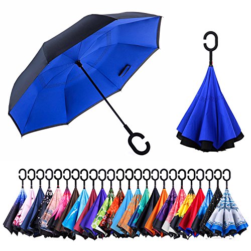 Newsight Reverse Umbrella, Double Layer Inverted Umbrella Upside Down, Self Stand, C Shape Handle, Inverse Inside Out Folding for Car, Windproof, Waterproof, Sun Protective (Blue)