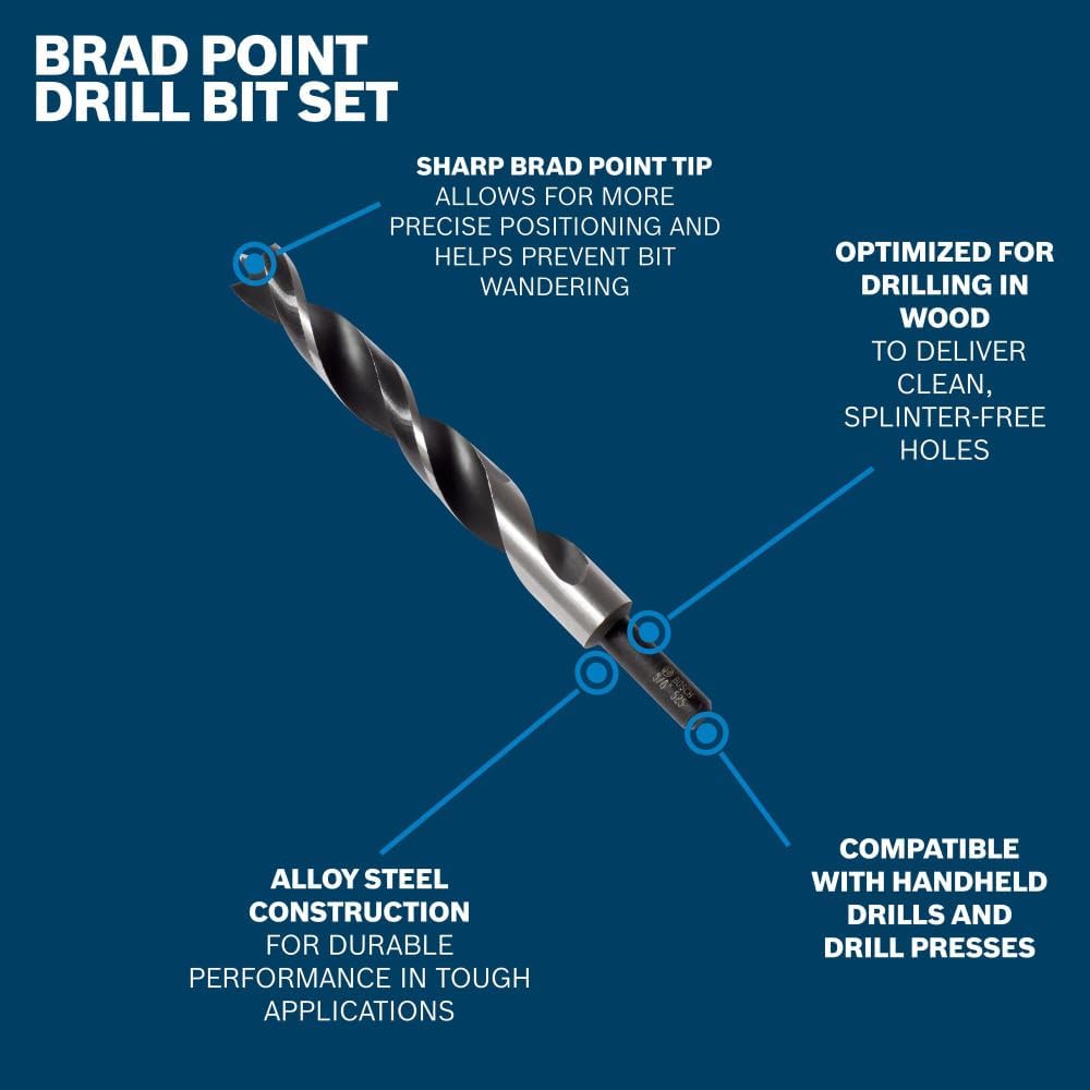 BOSCH BP14616 5-Piece Brad Point Drill Bit Set for Wood | Featuring 1/4", 5/16", 3/8", 7/16", & 1/2" Sizes for Precision Woodworking, Cabinetry, and Doweling