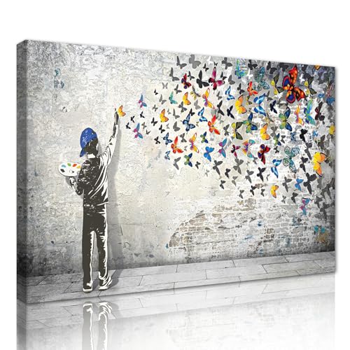 Large Colorful Graffiti Art Canvas Wall Art Boy Painting Butterflies Mural Poster Modern Vibrant Street Prints Artwork Wall Decor for Living Room Bedroom Kitchen Decoration Ready to Hand 28x44inch
