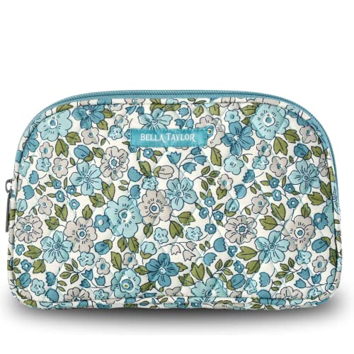 Bella Taylor Large Quilted Cotton Makeup Pouch for Women, Travel Cosmetic Bag, Quilted Cotton Delicate Floral Blue