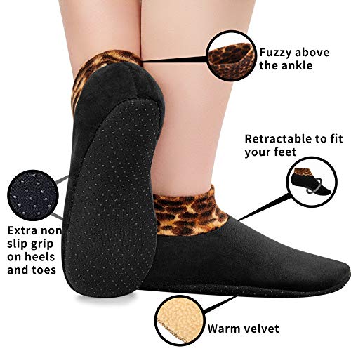 Geyoga 5 Pairs Women Winter Non-Slip Thermal Socks Fleece Lined Fuzzy Slippers Socks Indoor Leopard Print Soft Thick Socks (Black, Coffee, Blue, Purple, Rose) #TOP1