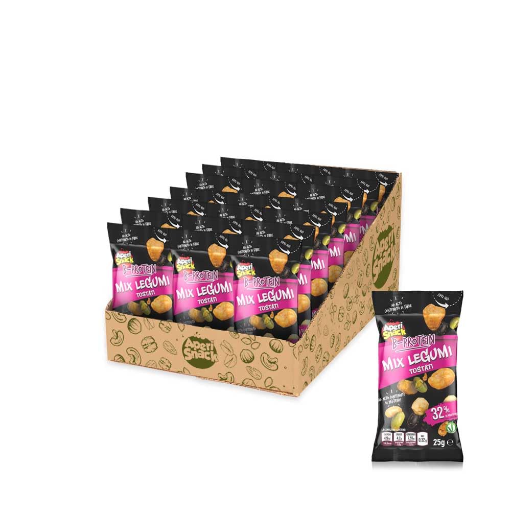 Aperisnack B-Protein - AP23.001.03 - Box 40 Snack Monodose – Mix Legumi Tostati: Fagioli di Soia Edamame, Gialli e Neri, Piselli e Fave – Legumi 100% Naturali – 40 monoporzioni x 25 g