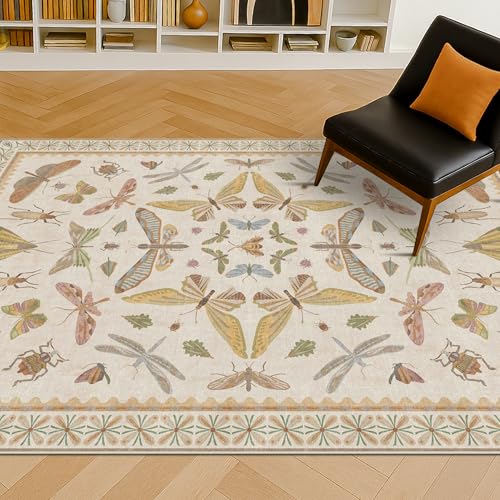 Floral 4x6 Rugs for Small Living Room - Beige and Yellow Pastel, Low Pile Non Slip Stain Resistant Throw Rug for Under Bed, Large Entryway, Kitchen, F