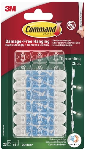 Command Outdoor Decorating Clips with Water-Resistant Strips - 20 Mini Clips and 24 Small Adhesive Strips, Transparent - for Decorations and Fairy Lights - Damage Free Hanging