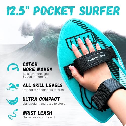 WM 12\" Pocket Surfer Hand Body Board - Ultra Hard Slick Boogie Boards for Beach Kids, Bodyboard w Adjustable Strap Bodyboard Wrist Leash Boogie Boards for Kids & Adults (Red)