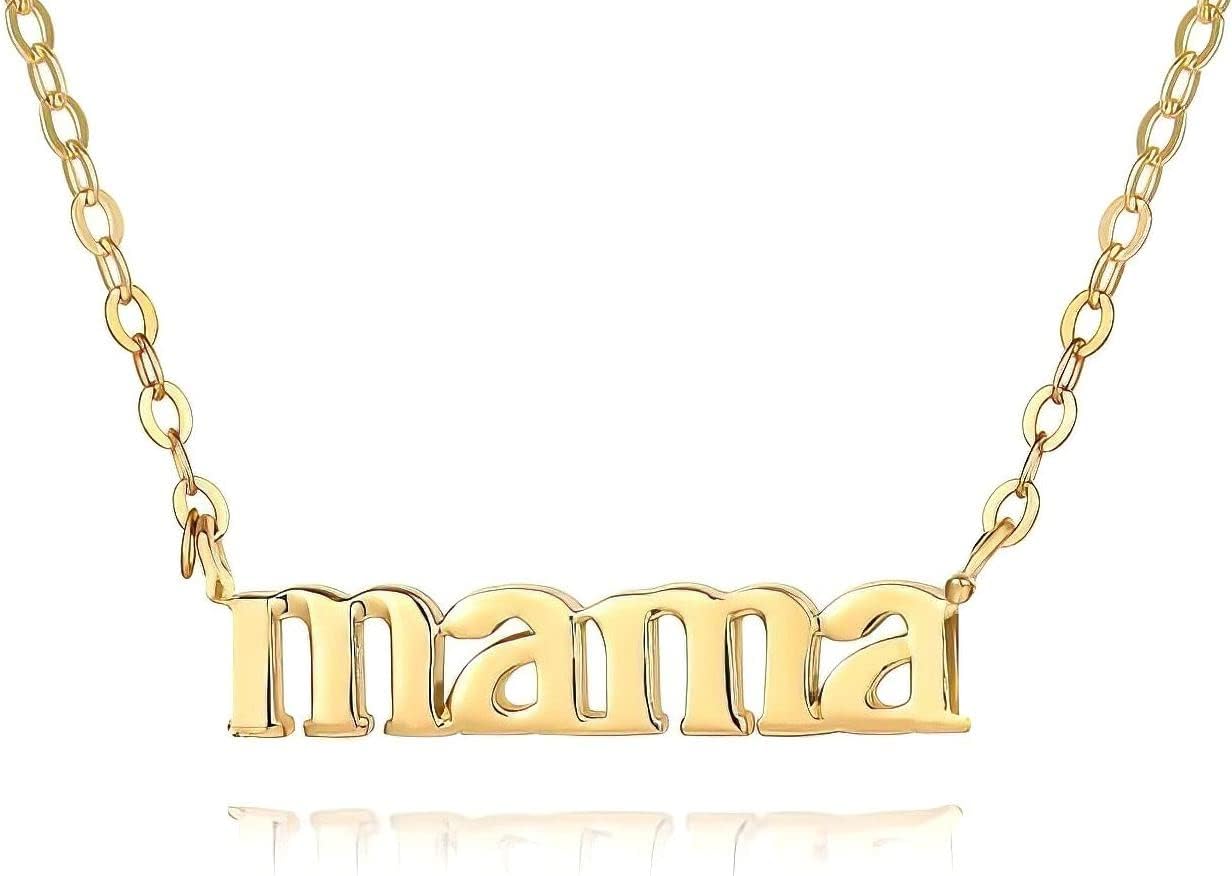 Mama Necklace for Women 18K Gold Plated Mom Pendant Stainless Steel Silver Letter Gift Personalized Jewelry for Mother and Daughter