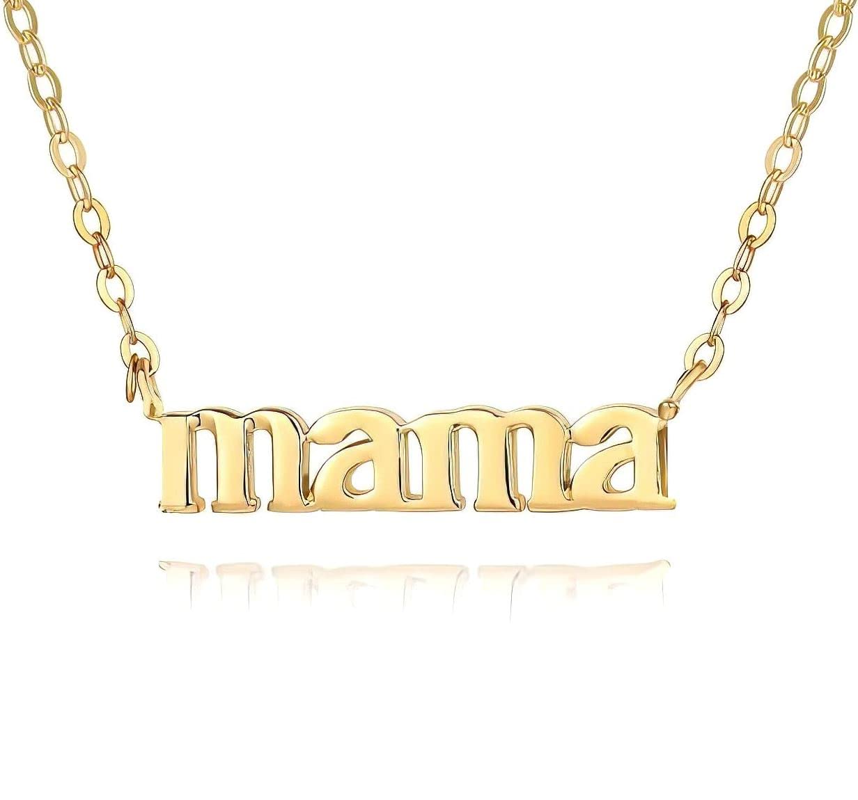 Mama Necklace for Women 18K Gold Plated Mom Pendant Stainless Steel Silver Letter Gift Personalized Jewelry for Mother and Daughter