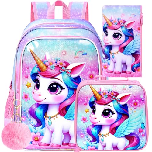 Image of WZLVO 3PCS Kids Backpack for Girls, Unicorn Dinosaur Animal Prechool Elementary Kindergarten School Bookbag with Lunch Box
