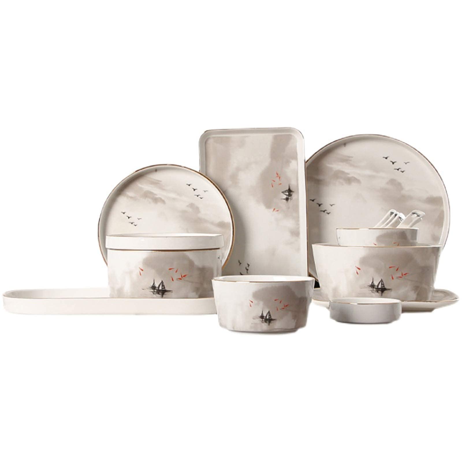 Klasyczna zastawa stołowa z ceramiki, zestaw naczyń ceramicznych, porcelanowy zestaw obiadowy z obrazem pejzażowym 48 szt. | Zestaw misek do płatków śniadaniowych i talerzy do steków