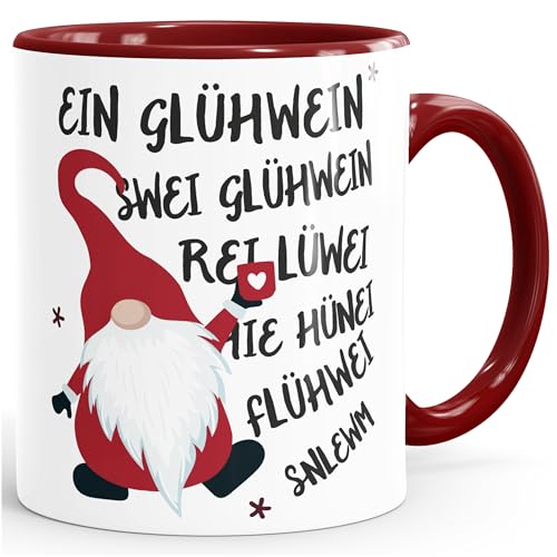 MoonWorks® Tazza con scritta in lingua tedesca Ein Glühwein Swei - Tazza per vin brulé, gnomo di Natale, regalo per ufficio, divertente tazza da caffè bianco e rosso bordeaux standard