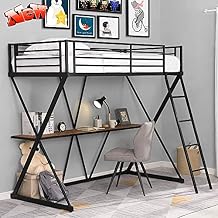 Upgraded Version Thicken Metal Twin Loft Bed with Desk, Best Twin Size Study Loft Beds Frame Sturdy X-Shaped Frame with Ladder -Length Guardrails for Teens Adults Black Black+brown