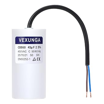 VEXUNGA CBB60 Capacitor 45uF 450V AC Run Capacitors 450VAC 45 F 45MFD SH Start Motor Capacitor 50/60Hz 5% 50x103MM with Wire for Air Compressor