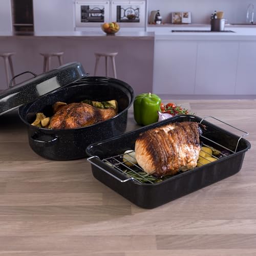 Russell Hobbs COMBO-1922 Vitreous Enamel 34cm Roaster and 36 cm Roasting Pot with Lid -Durable Steel Ovenware, Rectangular Roasting Pan with Stainless Steel Rack, Dishwasher Safe, Black - Image 6
