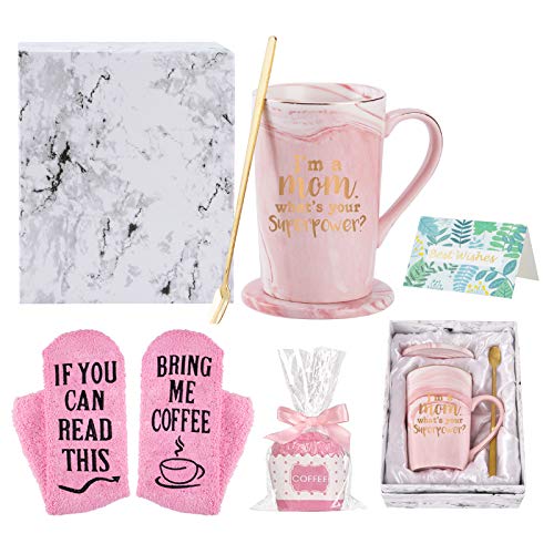 Buy 1 get 1 🔥 Superpower Mom Mug Funny Mom Coffee Mug Best Mom Gifts from Daughter Son Mom Marble Mug for Birthday Christmas Gifts 14 Oz Pink Mug with Exquisite Box Spoon Coaster Card Sock
