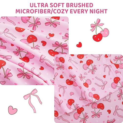 Image of Viviland 3 Pieces Girls Bow Cherry Twin Sheet Set - Soft Microfiber Fitted Flat Sheets & Pillowcase Bed Sheet Set - Pink Bedding Sets for Kids