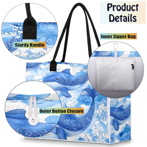 Blue Dolphin Ocean Tote Bag for Women Large Beach Bag Reusable Tote Bags for Work Travel Beach Shopping4