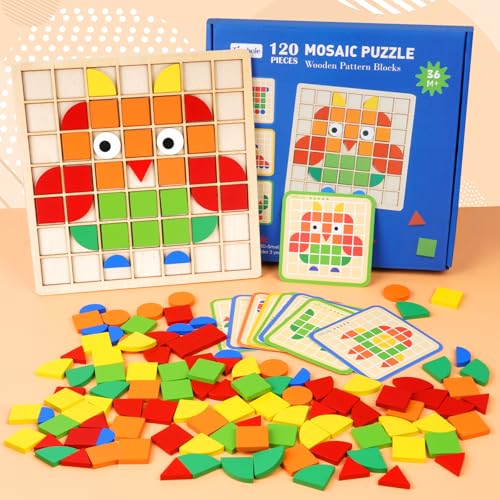 HOTUT Forme Mosaique Puzzle en Bois Tangrams Enfant, Mosaic Puzzle Sensory Game, 120 Formes de Jouets Montessori Enfant 4 5 6 7 Ans et 20 Cartes de Conception,...