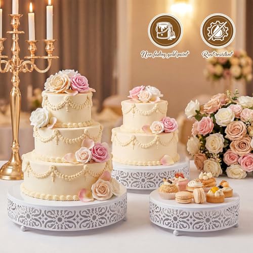 Wenqik 3 Pcs 16'' 14'' 12'' Metal White Cake Stand Round Cake Stands for Dessert Table Cookies Fruit Serving Tray Cupcake Dessert Pastry Riser for Wedding Birthday Party and Events by Wenqik - Used condition - Image 4