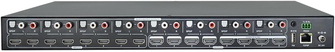 Front panel of the Monoprice Blackbird 4K 8x8 HDMI Matrix Switch showing input/output selection buttons and LCD screen.