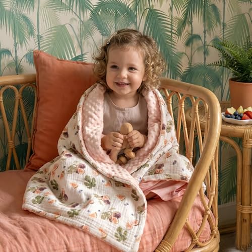 Image of GLLQUEN BABY Blankets for Girls, Soft Muslin Cotton Front Dotted Fleece Backing, Nursery Minky Crib Blanket for Infant Toddler, 30 x 40 inches Throw Blanket, Pink & Fruits