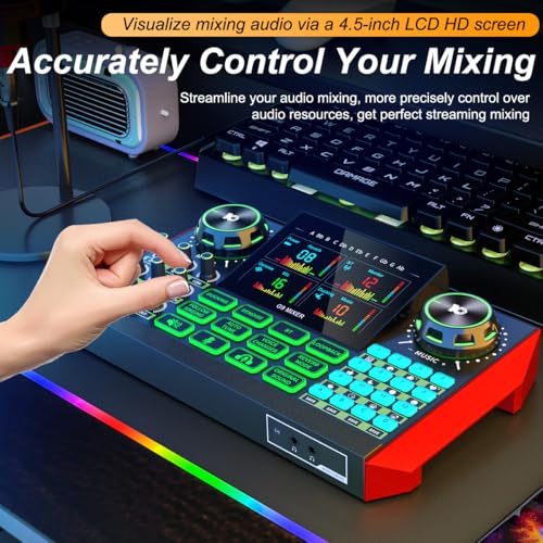 Image of Tenlamp G9 Live Sound Card - Game audio mixer with built-in audio interface, compatible with smartphones and computers. Soundboard designed for live streaming and content creation.