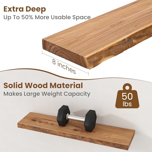 Image of Floating Shelves for Wall Decor, Rustic Solid Elm Wood Live Edge Floating Shelves Wall Mounted, Wall Shelves with Invisible Bracket for Living Room Bathroom Bedroom Kitchen, 30 Inch Set of 2, Natural