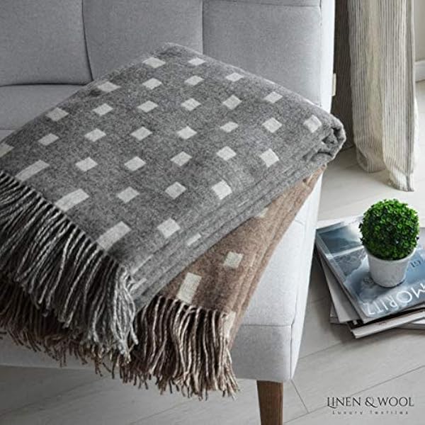 LINEN & COTTON Plaid di Lusso, Coperta Copriletto Emma, 100% Lana Merino - 140 x 200cm (Marrone/Ecru)