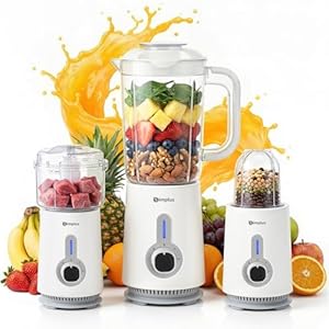 SIMPLUS 3-in-1 Standmixer & Smoothie Maker mit 1,25L Mixbecher, 500ml Fleischwolf & 300ml Mahlbecher, 3 Geschwindigkeitsstufen mit Pulsfunktion, Edelstahlmesser