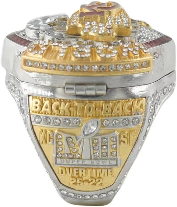 Kansas City 2024 Football Championship Ring with Wooden Display Box - Dual Color Plated Zircon Inlay Heavy Quality Collectible Gift for Adults Teens Fans - Christmas Birthday Present