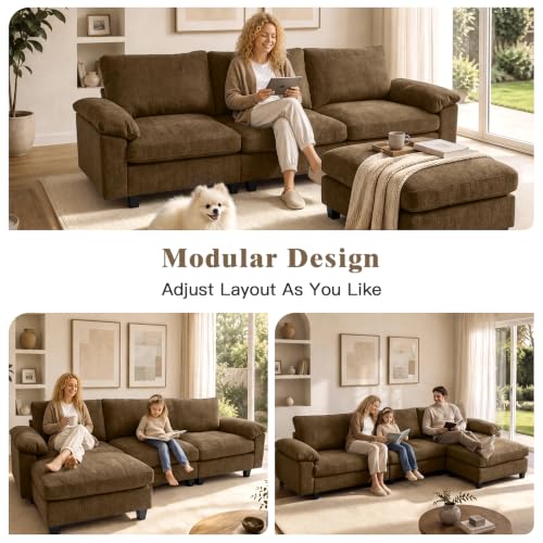 Image of Sectional Couches for Living Room, 109 inch L Shaped Cloud Sofa & Couch | Upholstered Armres, 22 inch Seat Depth, Movable Ottoman, Comfy Chenille, Easy Assembly, Taupe