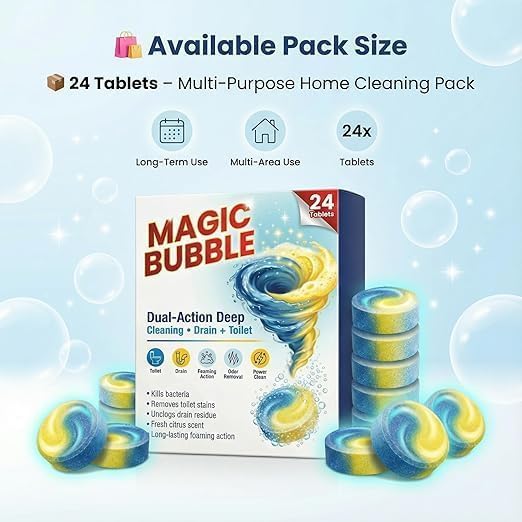 Image of Magic Bubble Dual-Action Toilet & Drain Cleaning Tablets (24 Tablets) | Foaming Deep Clean Toilet Bowl Cleaner | Removes Stains, Odors & Limescale | Drain Unclogging Tablets for Bathroom (Pack of 1)