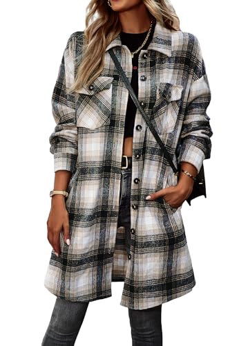 VOGMATE Womens Plaid Shirt Shacket Jacket 2026 Casual Button Down Long Sleeve Tartan Long Lapel Woolen Coats with Pockets Khaki L